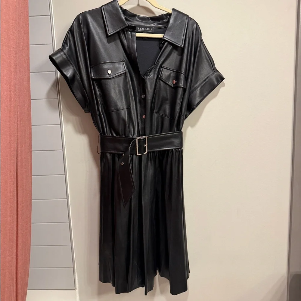 Faux Leather Dress With Pleated Skirt - Picture 6 of 8